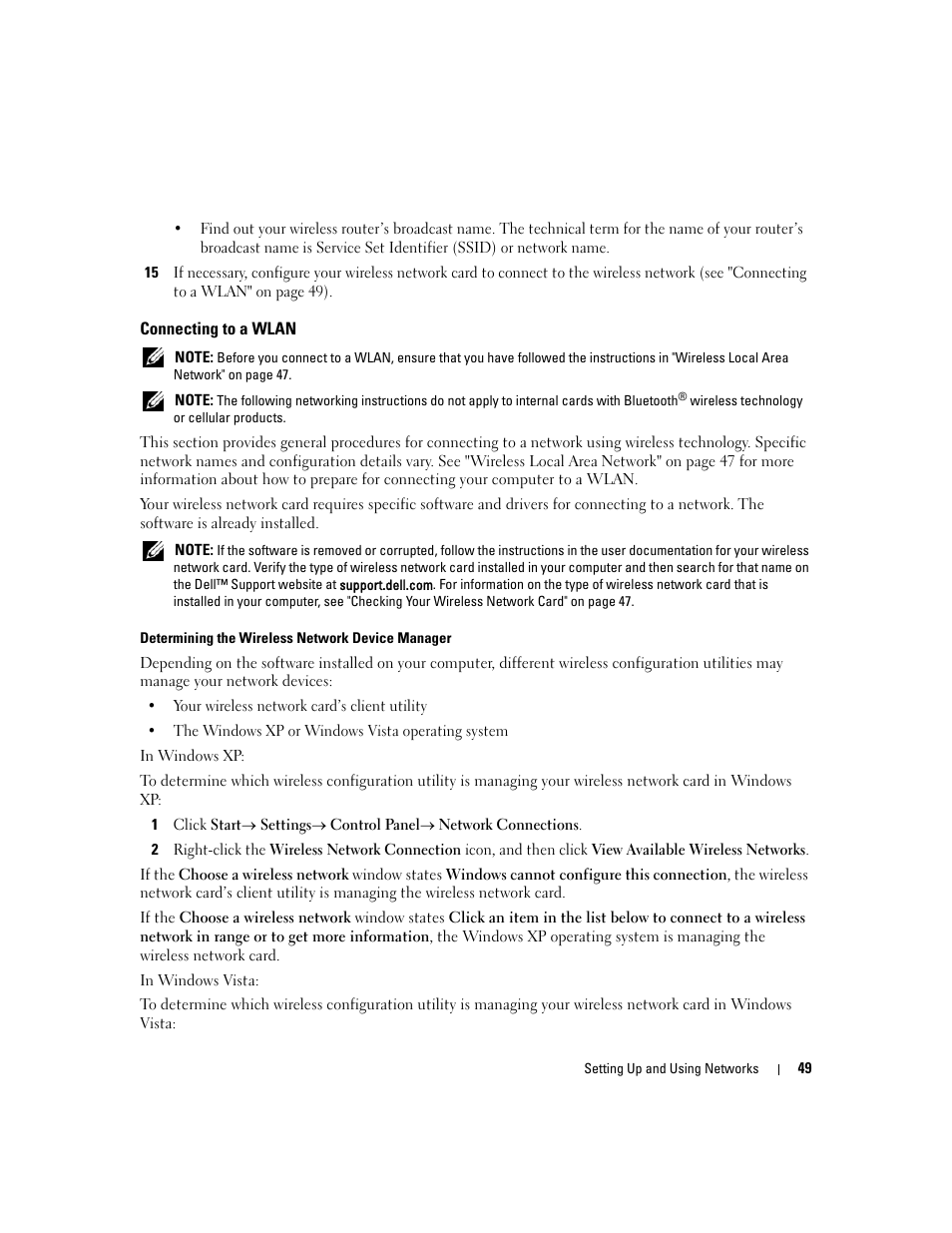 Connecting to a wlan | Dell Latitude D430 (Mid 2007) User Manual | Page 49 / 150