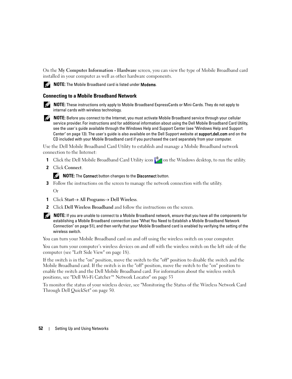 Connecting to a mobile broadband network | Dell Latitude D430 (Mid 2007) User Manual | Page 52 / 150