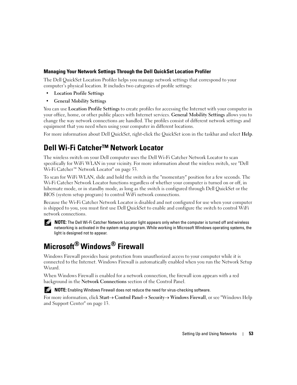 Dell wi-fi catcher™ network locator, Microsoft® windows® firewall, Microsoft | Windows, Firewall | Dell Latitude D430 (Mid 2007) User Manual | Page 53 / 150