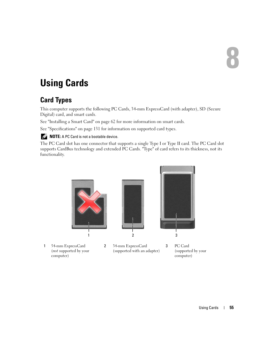 Using cards, Card types, 8 using cards | Dell Latitude D430 (Mid 2007) User Manual | Page 55 / 150