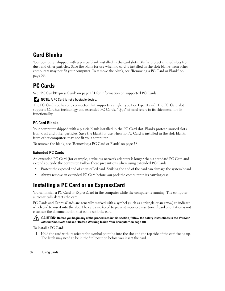 Card blanks, Pc cards, Pc card blanks | Extended pc cards, Installing a pc card or an expresscard, Installing a pc | Dell Latitude D430 (Mid 2007) User Manual | Page 56 / 150