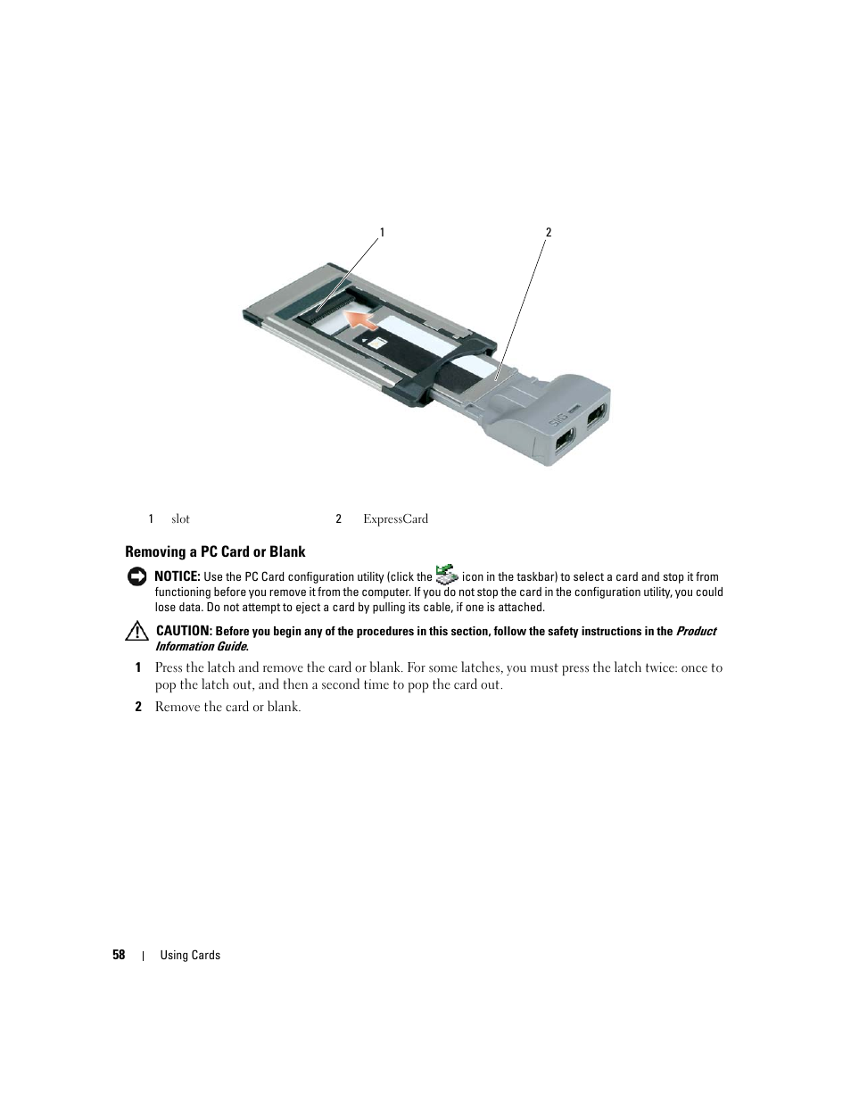 Removing a pc card or blank, E "removing a pc card or blank" on | Dell Latitude D430 (Mid 2007) User Manual | Page 58 / 150