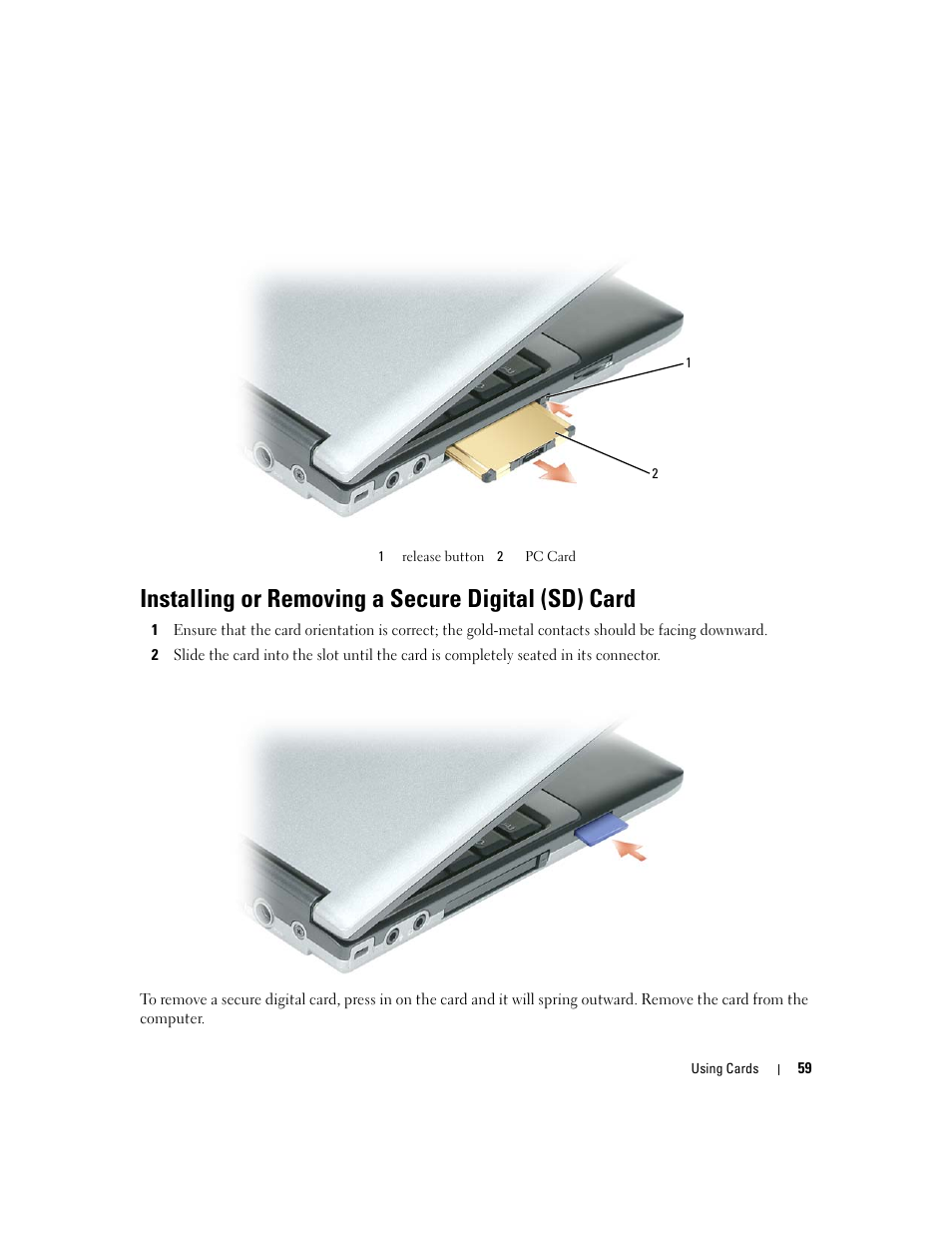 Installing or removing a secure digital (sd) card | Dell Latitude D430 (Mid 2007) User Manual | Page 59 / 150