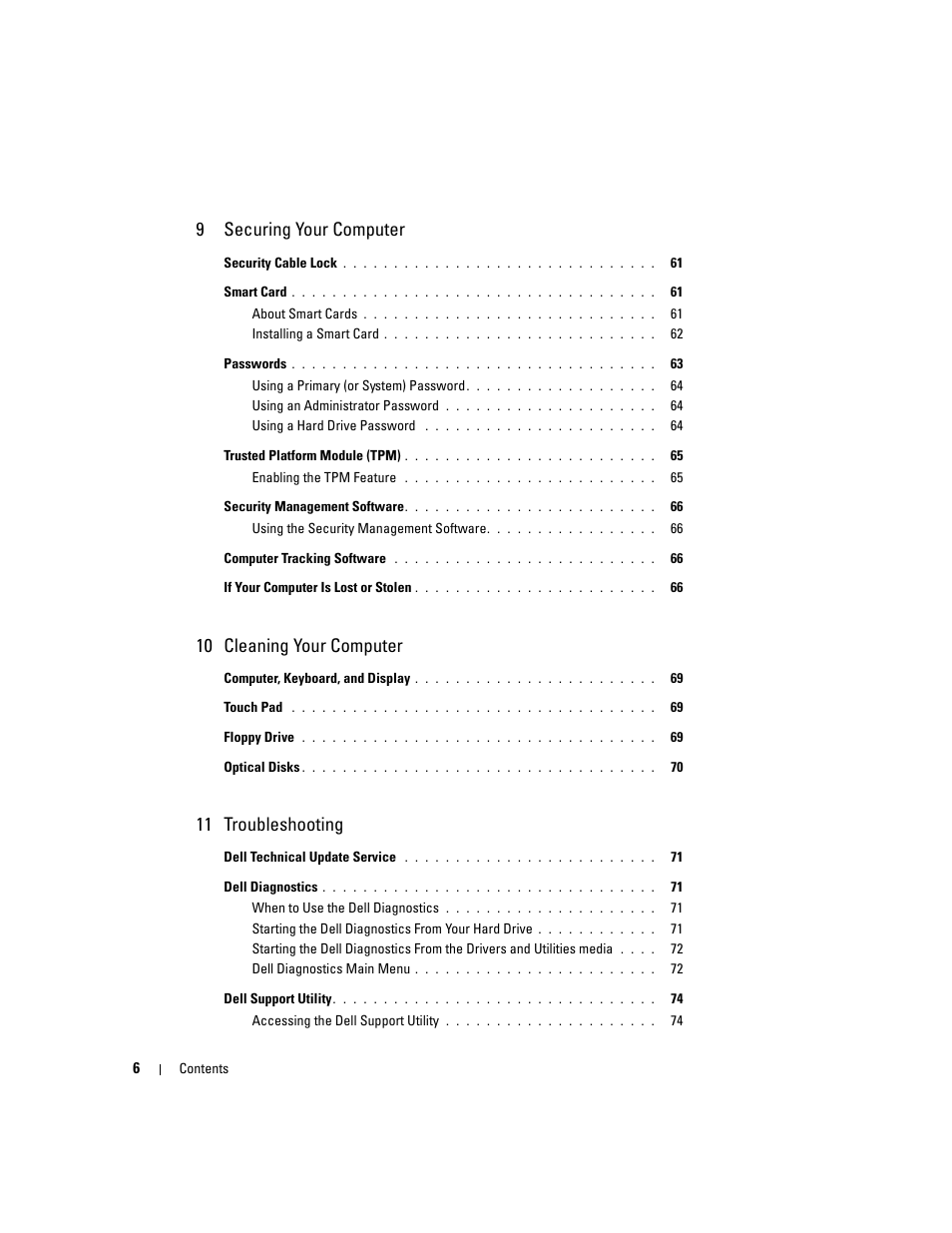 9 securing your computer, 10 cleaning your computer, 11 troubleshooting | Dell Latitude D430 (Mid 2007) User Manual | Page 6 / 150