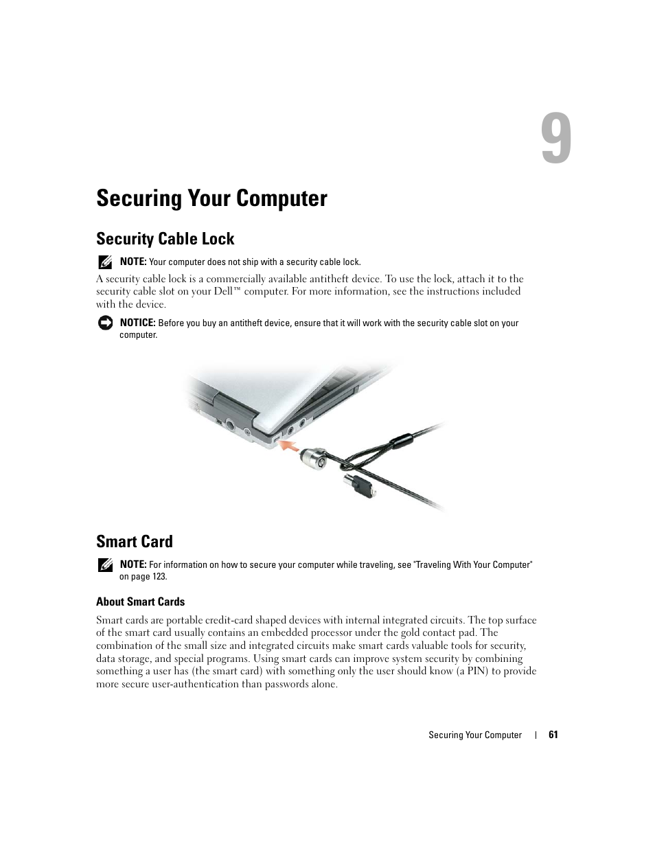 Securing your computer, Security cable lock, Smart card | About smart cards, 9 securing your computer | Dell Latitude D430 (Mid 2007) User Manual | Page 61 / 150