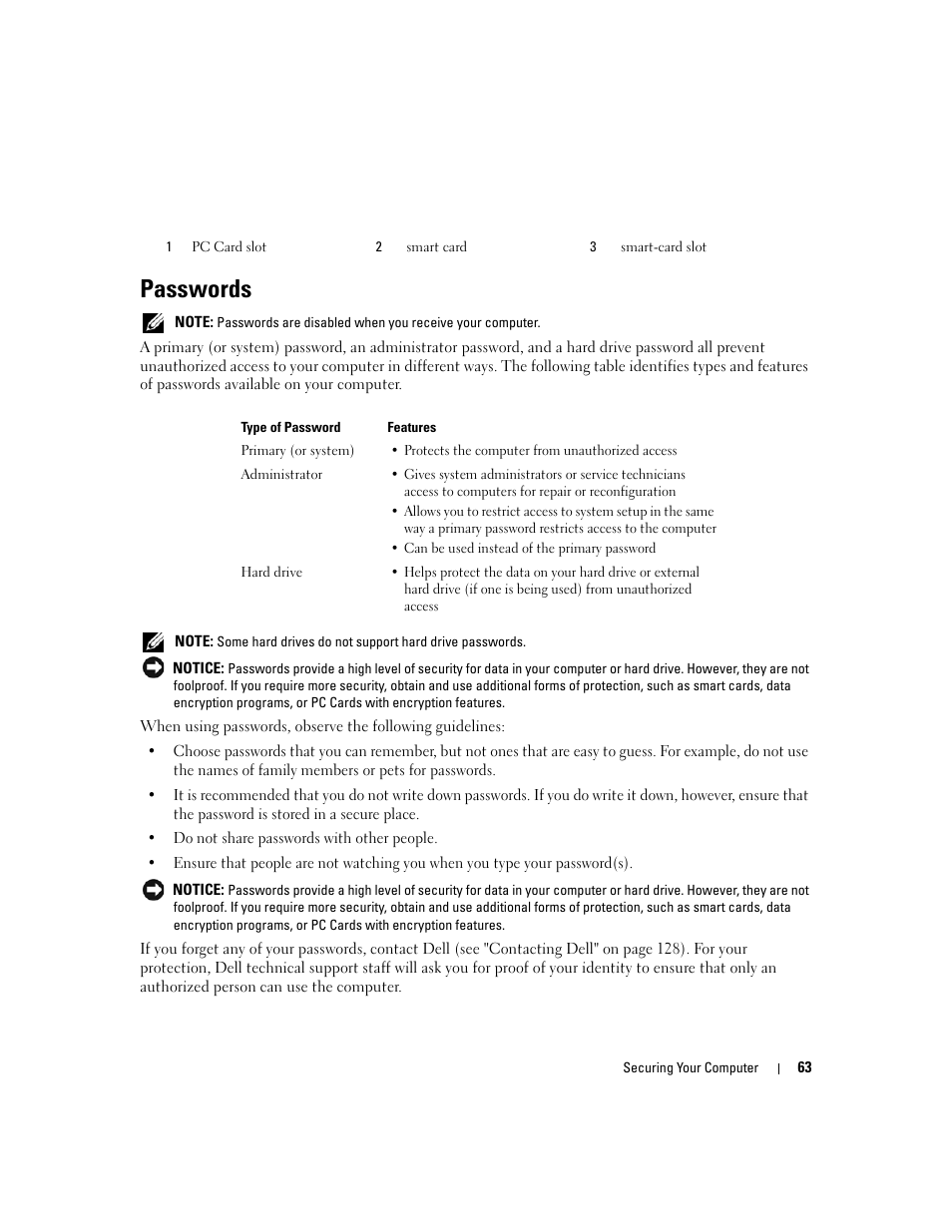 Passwords | Dell Latitude D430 (Mid 2007) User Manual | Page 63 / 150