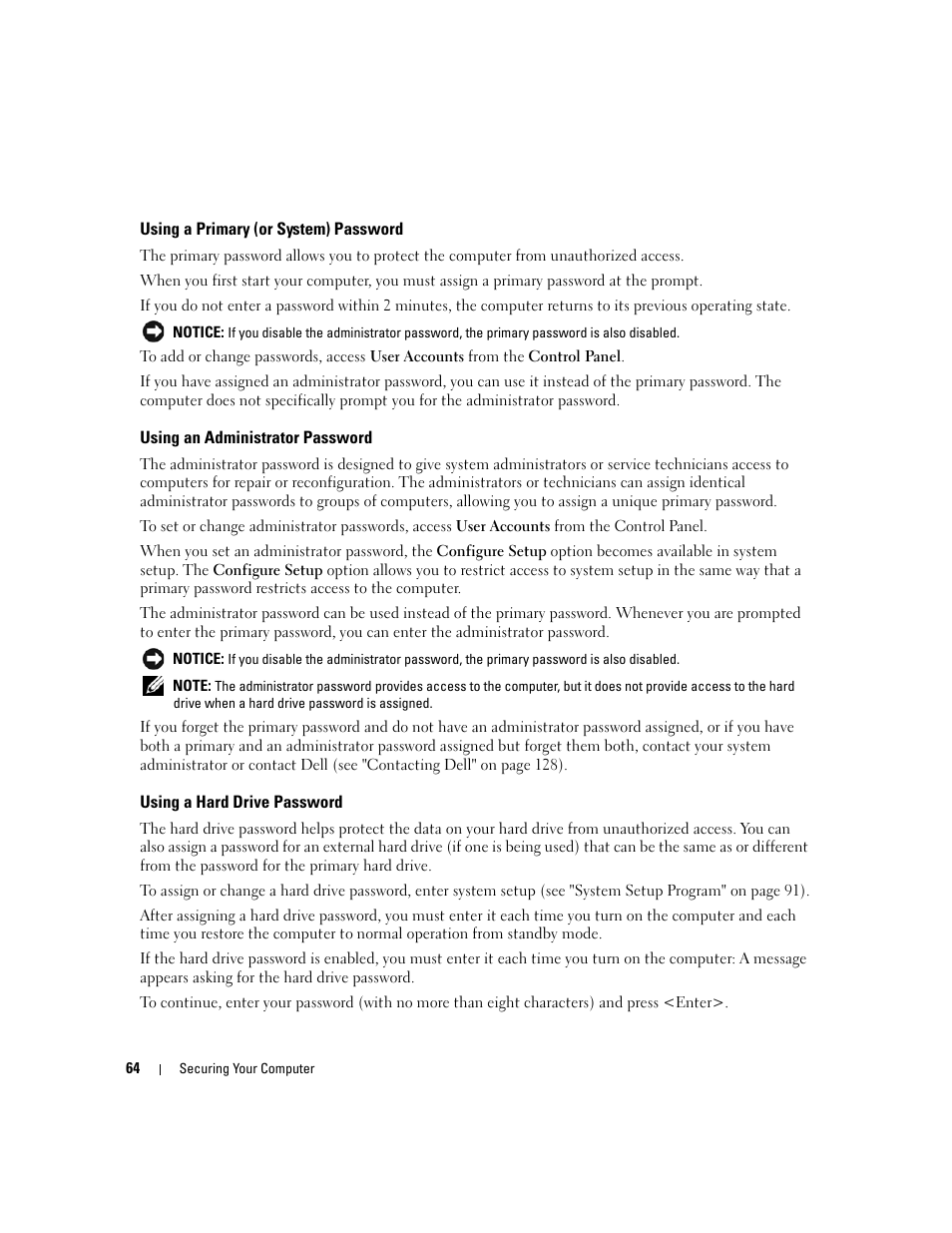 Using a primary (or system) password, Using an administrator password, Using a hard drive password | Dell Latitude D430 (Mid 2007) User Manual | Page 64 / 150