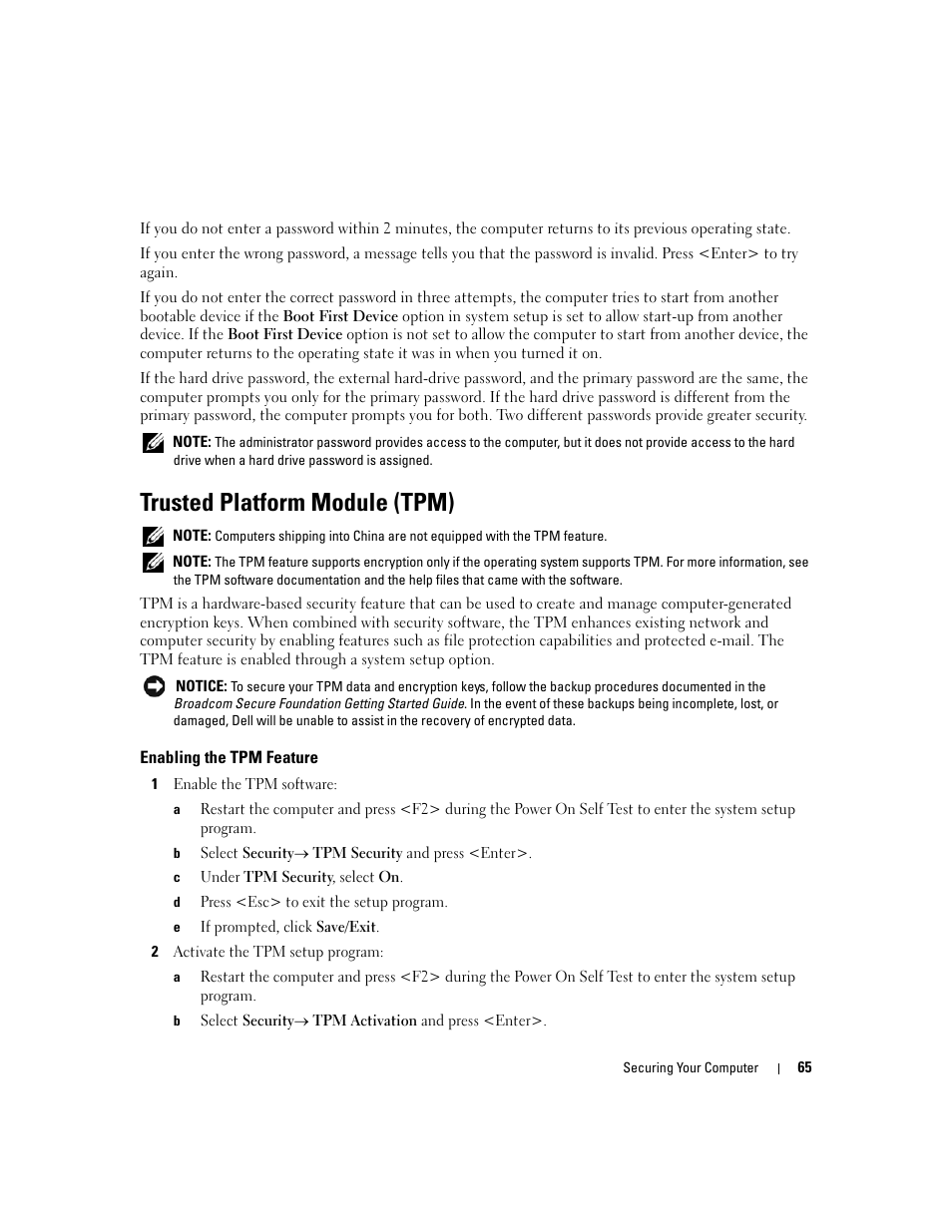 Trusted platform module (tpm), Enabling the tpm feature | Dell Latitude D430 (Mid 2007) User Manual | Page 65 / 150