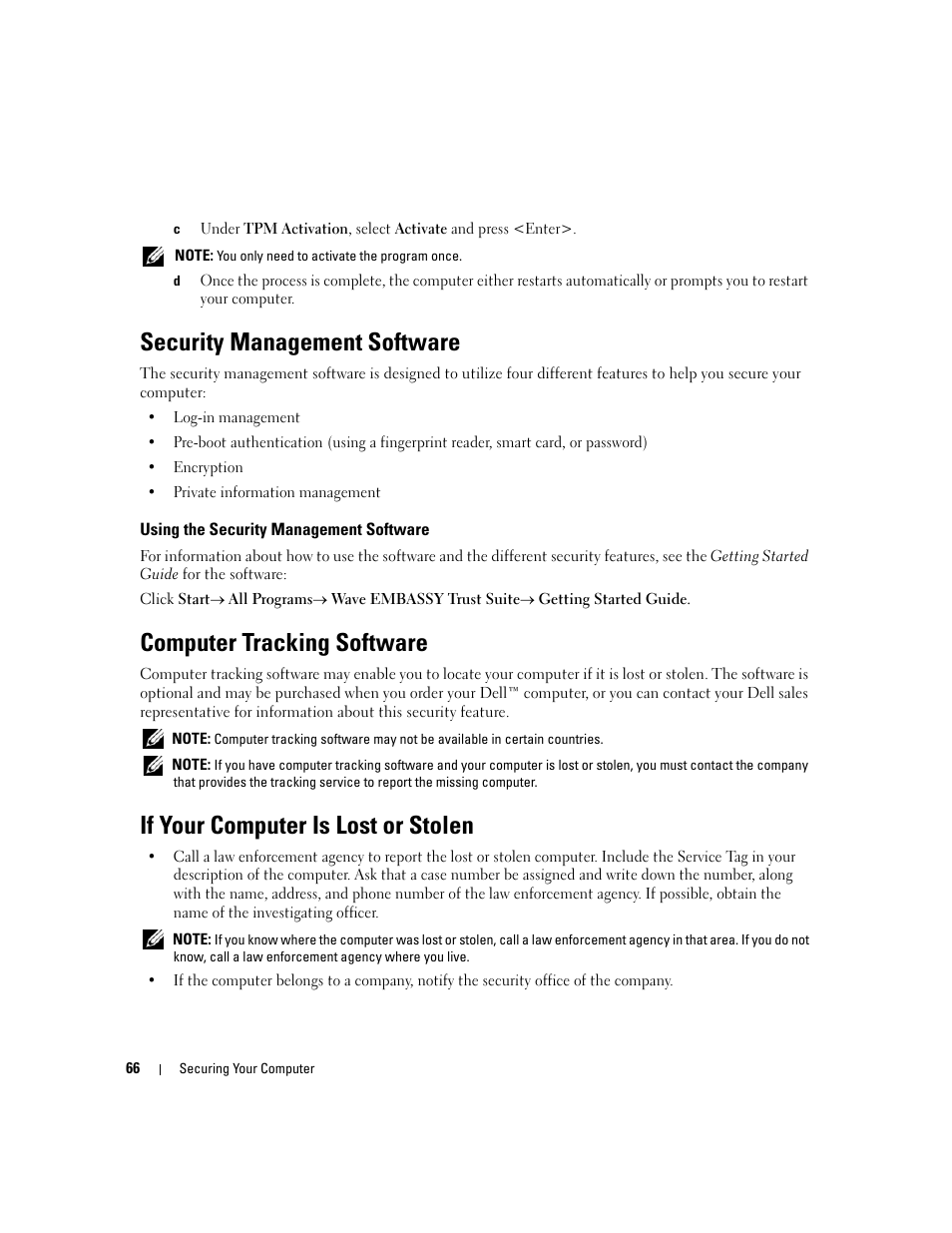 Security management software, Using the security management software, Computer tracking software | If your computer is lost or stolen | Dell Latitude D430 (Mid 2007) User Manual | Page 66 / 150