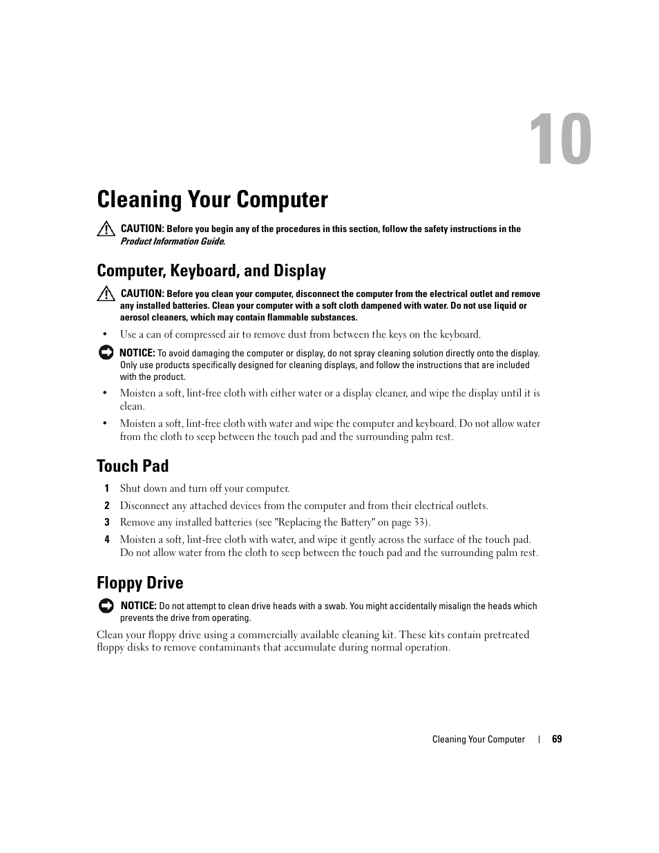 Cleaning your computer, Computer, keyboard, and display, Touch pad | Floppy drive, 10 cleaning your computer | Dell Latitude D430 (Mid 2007) User Manual | Page 69 / 150