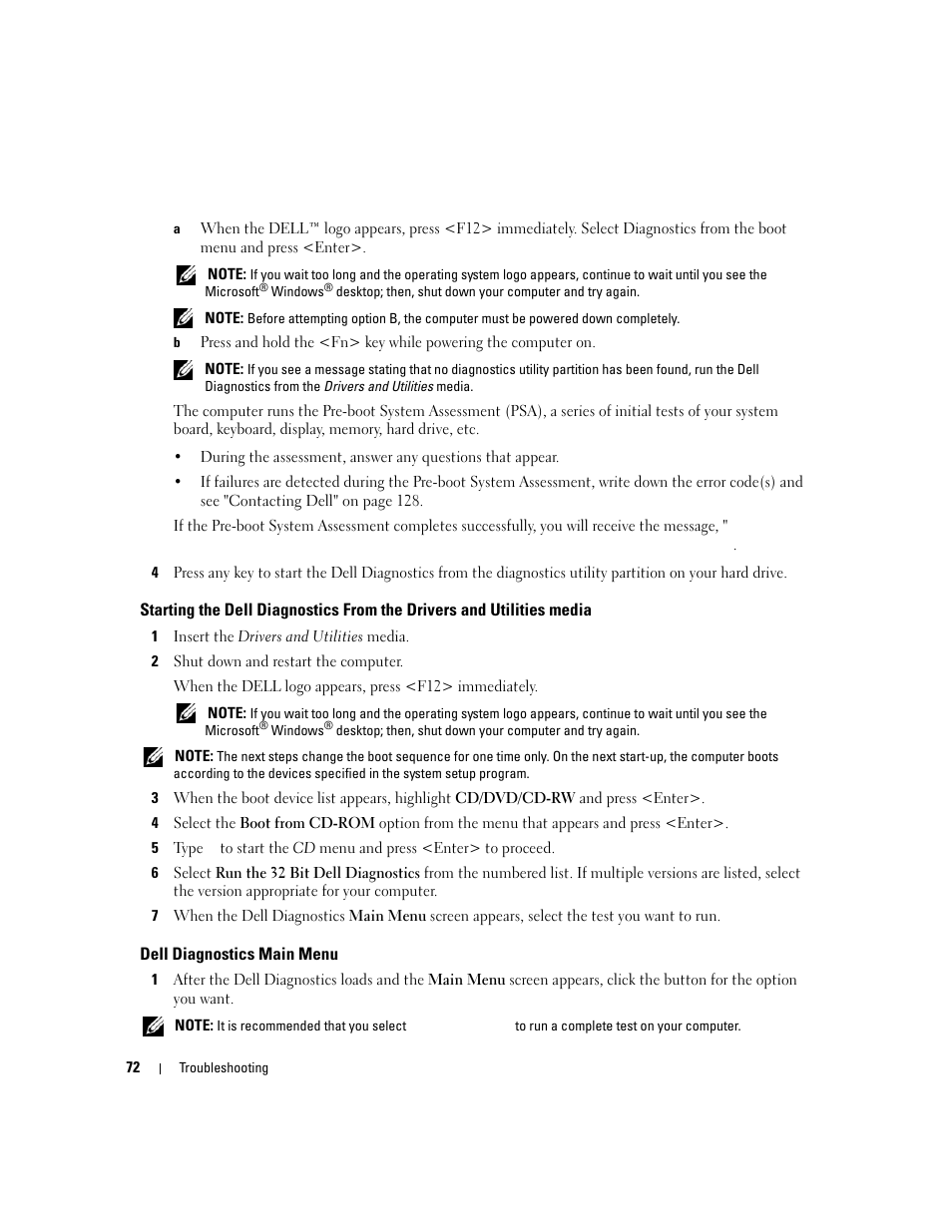 Dell diagnostics main menu | Dell Latitude D430 (Mid 2007) User Manual | Page 72 / 150