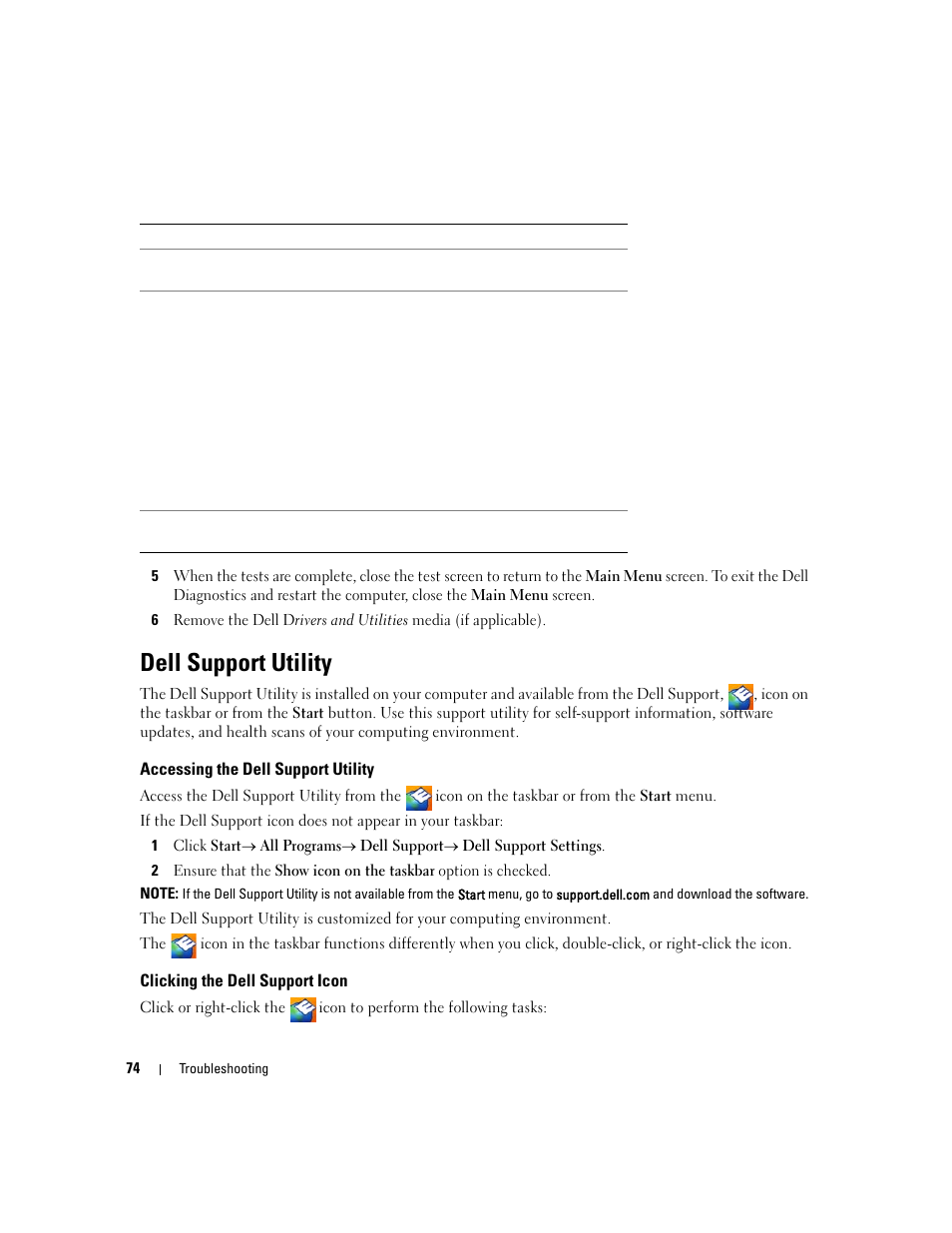 Dell support utility, Accessing the dell support utility, Clicking the dell support icon | Dell Latitude D430 (Mid 2007) User Manual | Page 74 / 150