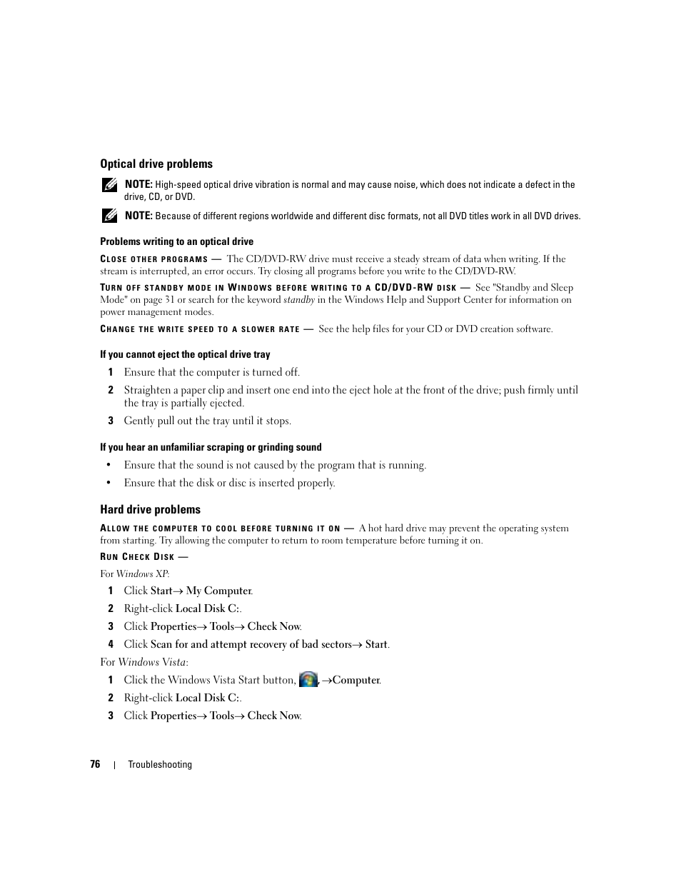 Optical drive problems, Hard drive problems | Dell Latitude D430 (Mid 2007) User Manual | Page 76 / 150