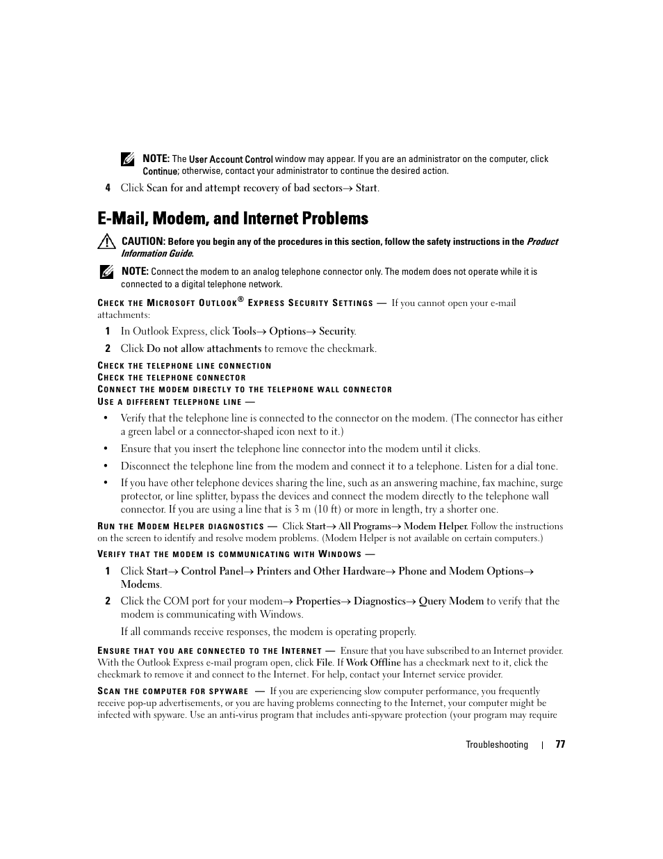 E-mail, modem, and internet problems | Dell Latitude D430 (Mid 2007) User Manual | Page 77 / 150