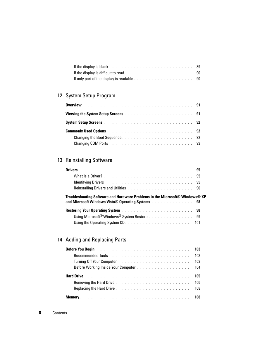 12 system setup program, 13 reinstalling software, 14 adding and replacing parts | Dell Latitude D430 (Mid 2007) User Manual | Page 8 / 150