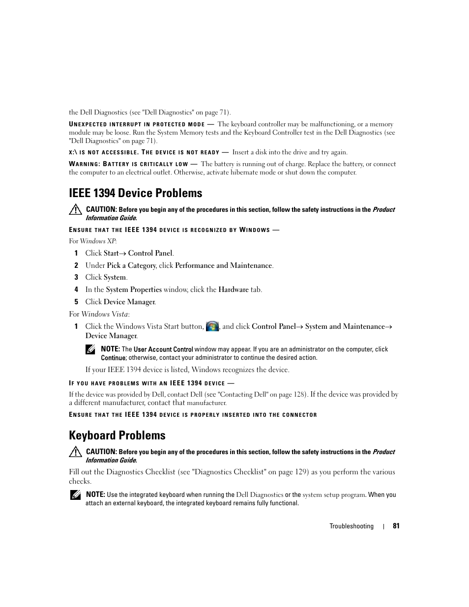 Ieee 1394 device problems, Keyboard problems | Dell Latitude D430 (Mid 2007) User Manual | Page 81 / 150