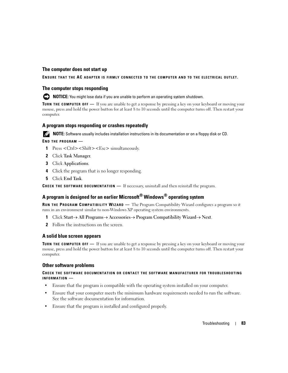 The computer does not start up, The computer stops responding, A program stops responding or crashes repeatedly | A solid blue screen appears, Other software problems, A program is designed for an earlier microsoft, Windows, Operating system | Dell Latitude D430 (Mid 2007) User Manual | Page 83 / 150