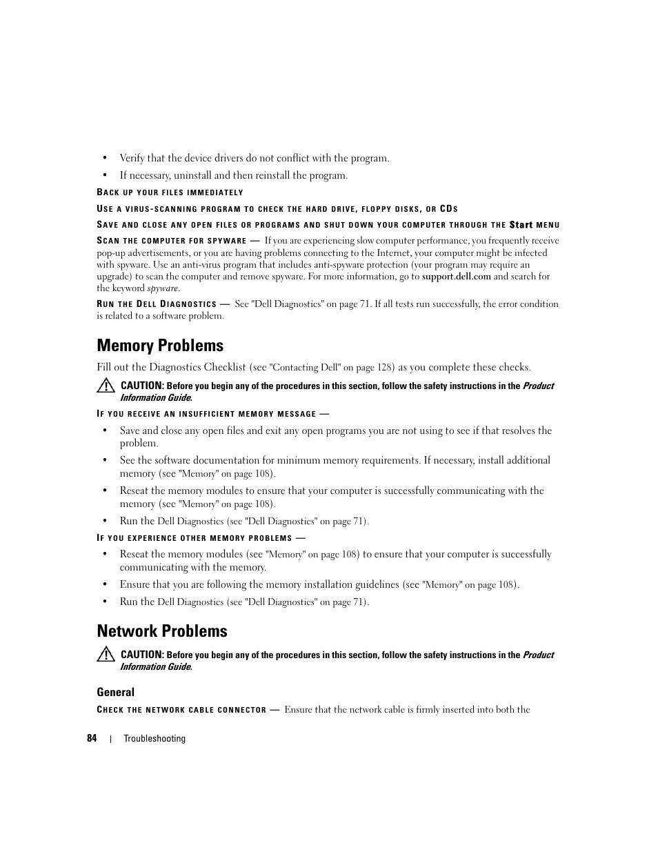 Memory problems, Network problems, General | Dell Latitude D430 (Mid 2007) User Manual | Page 84 / 150