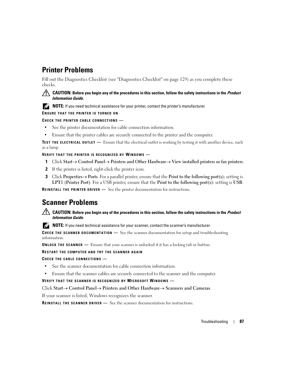 Printer problems, Scanner problems | Dell Latitude D430 (Mid 2007) User Manual | Page 87 / 150