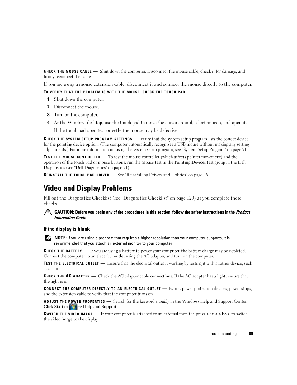 Video and display problems, If the display is blank | Dell Latitude D430 (Mid 2007) User Manual | Page 89 / 150