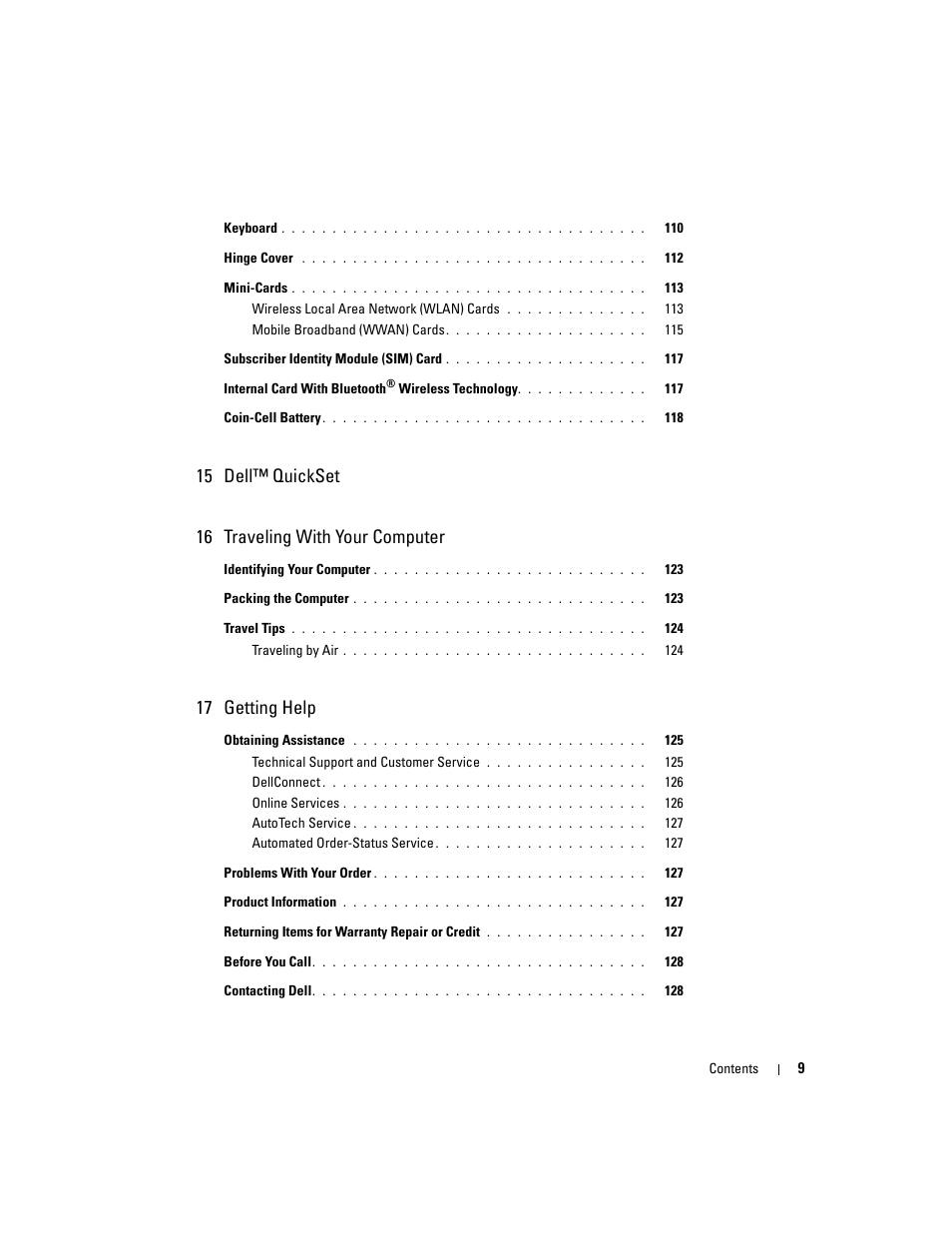 15 dell™ quickset 16 traveling with your computer, 17 getting help | Dell Latitude D430 (Mid 2007) User Manual | Page 9 / 150