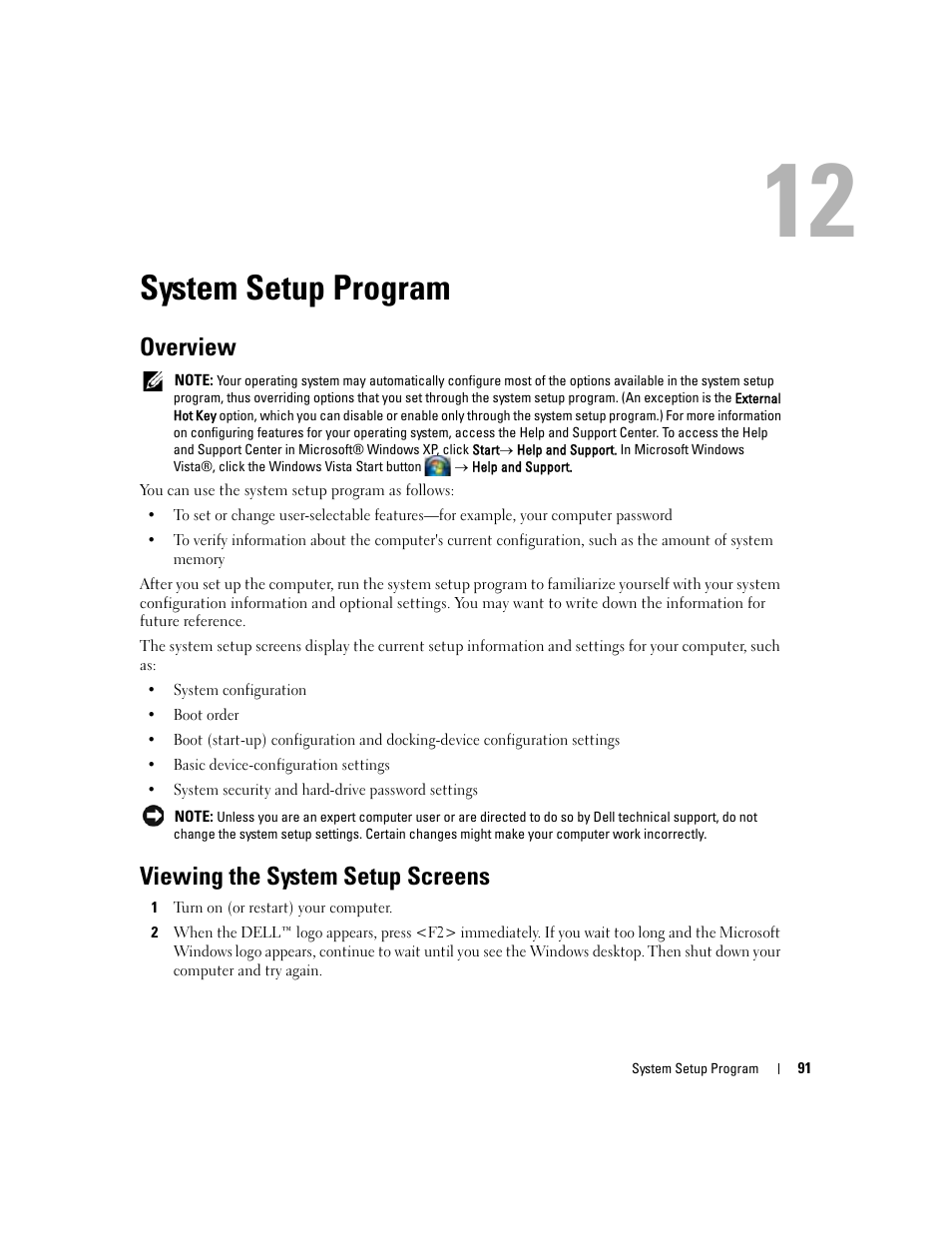 System setup program, Overview, Viewing the system setup screens | 12 system setup program, System | Dell Latitude D430 (Mid 2007) User Manual | Page 91 / 150