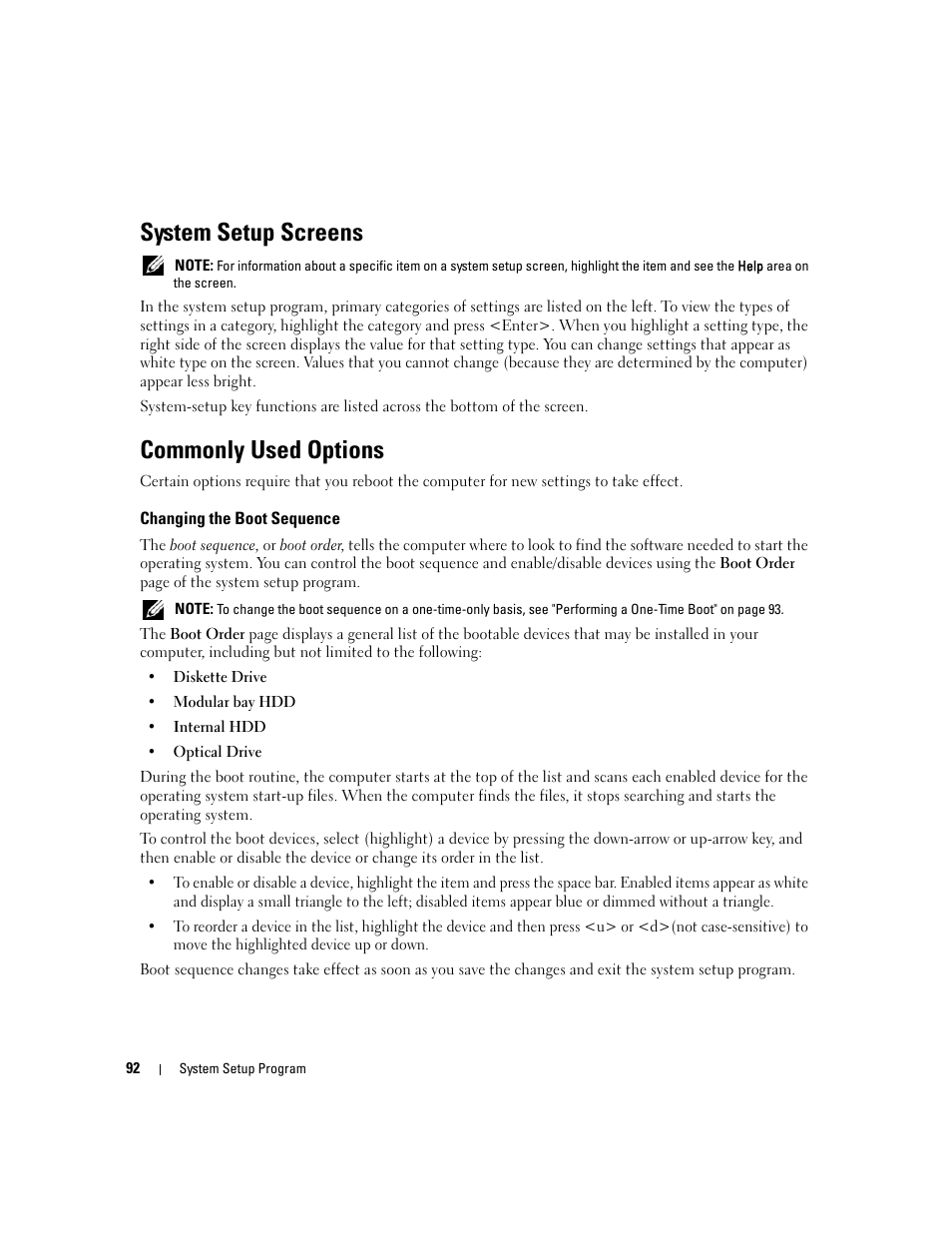 System setup screens, Commonly used options, Changing the boot sequence | Dell Latitude D430 (Mid 2007) User Manual | Page 92 / 150