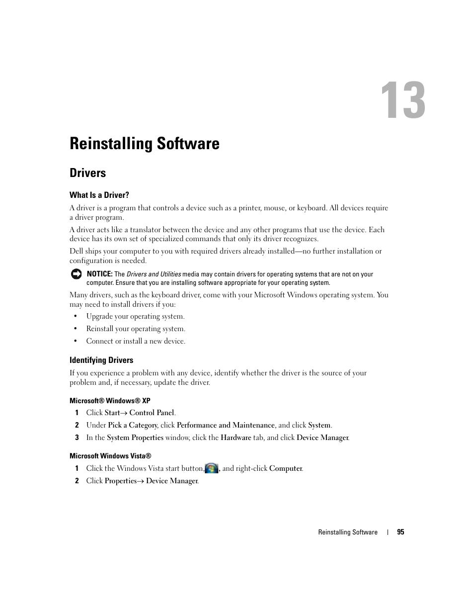 Reinstalling software, Drivers, What is a driver | Identifying drivers, 13 reinstalling software | Dell Latitude D430 (Mid 2007) User Manual | Page 95 / 150