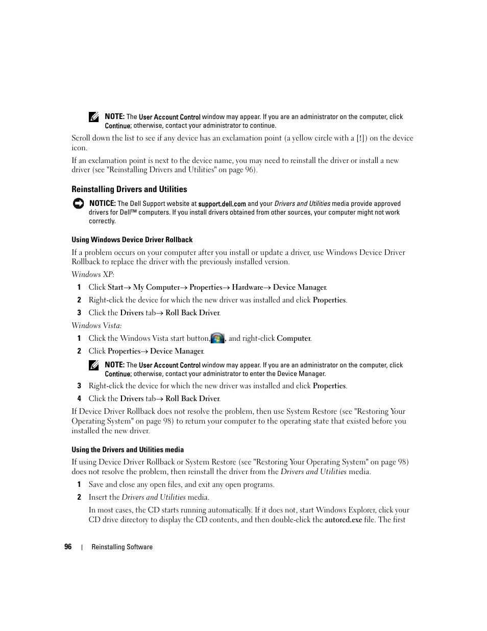 Reinstalling drivers and utilities | Dell Latitude D430 (Mid 2007) User Manual | Page 96 / 150