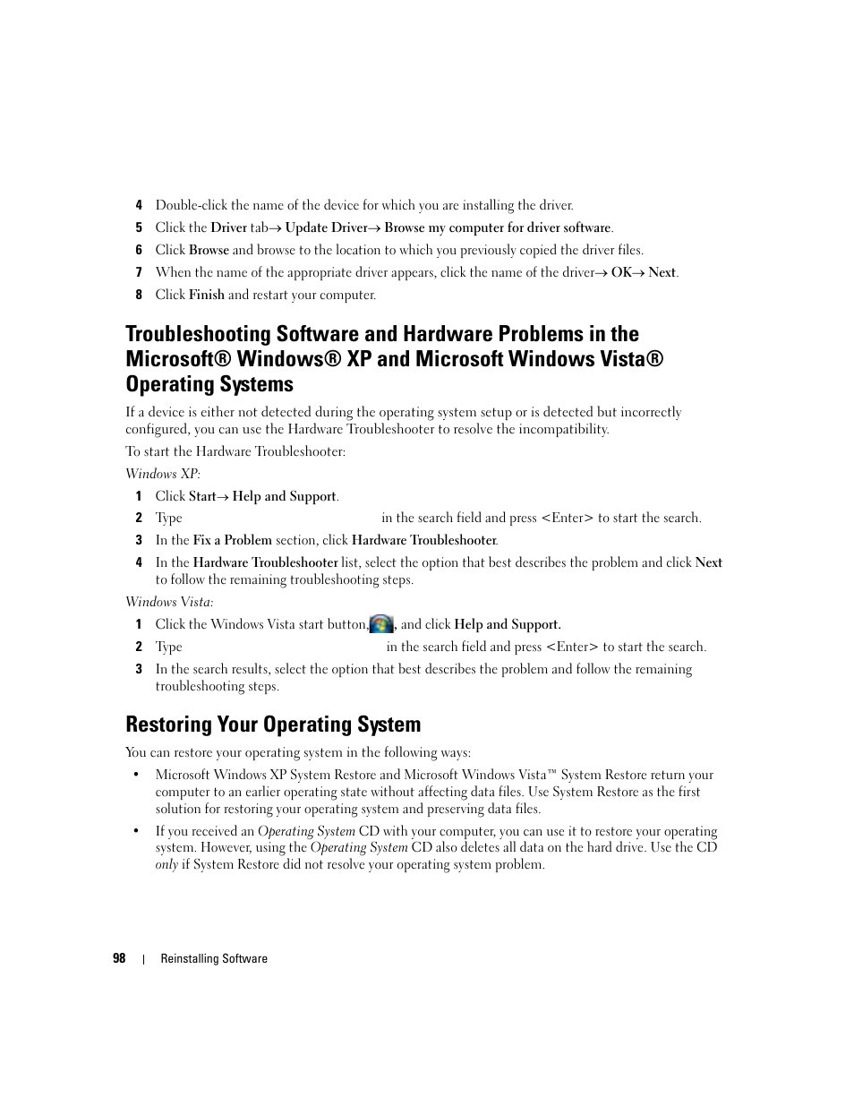 Restoring your operating system, Restoring your | Dell Latitude D430 (Mid 2007) User Manual | Page 98 / 150