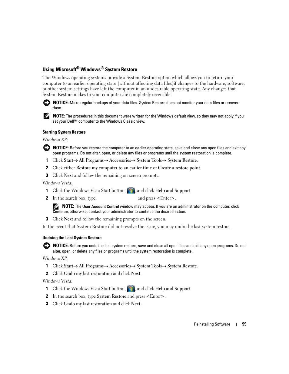 Using microsoft® windows® system restore, Using microsoft | Dell Latitude D430 (Mid 2007) User Manual | Page 99 / 150