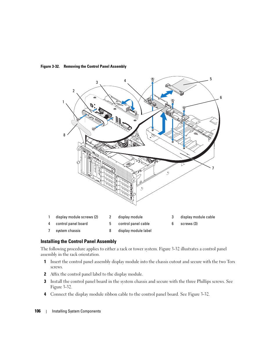 Installing the control panel assembly, Tower system. figure 3-32 il, Figure 3-32 | D. see figure 3-32, The back of the control panel. see figure 3-32 | Dell PowerEdge 2900 User Manual | Page 106 / 182