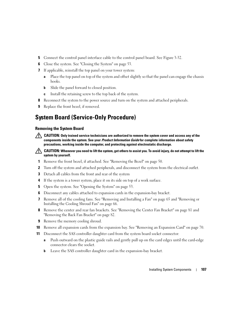 System board (service-only procedure), Removing the system board | Dell PowerEdge 2900 User Manual | Page 107 / 182