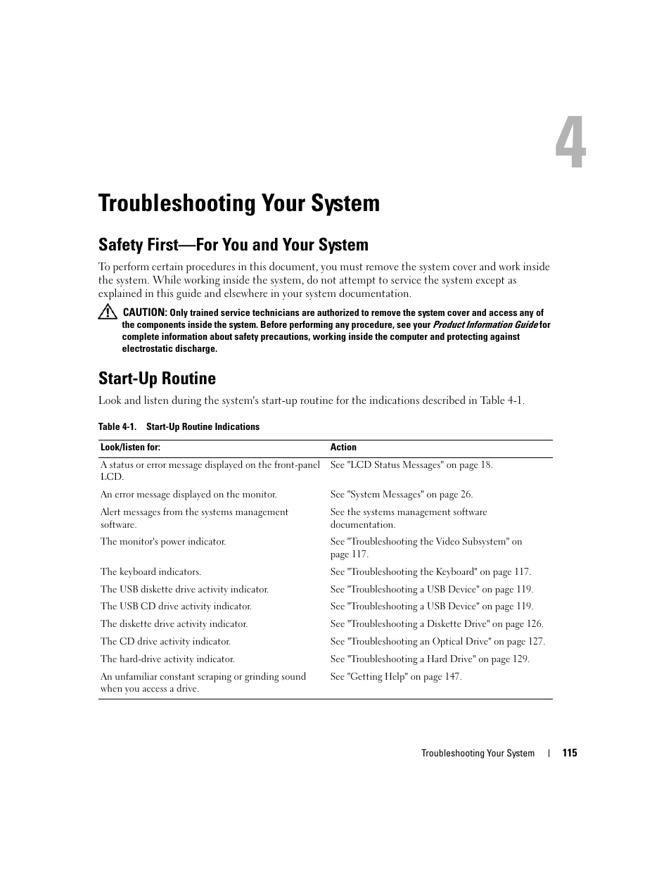Troubleshooting your system, Safety first-for you and your system, Start-up routine | Safety first—for you and your system | Dell PowerEdge 2900 User Manual | Page 115 / 182