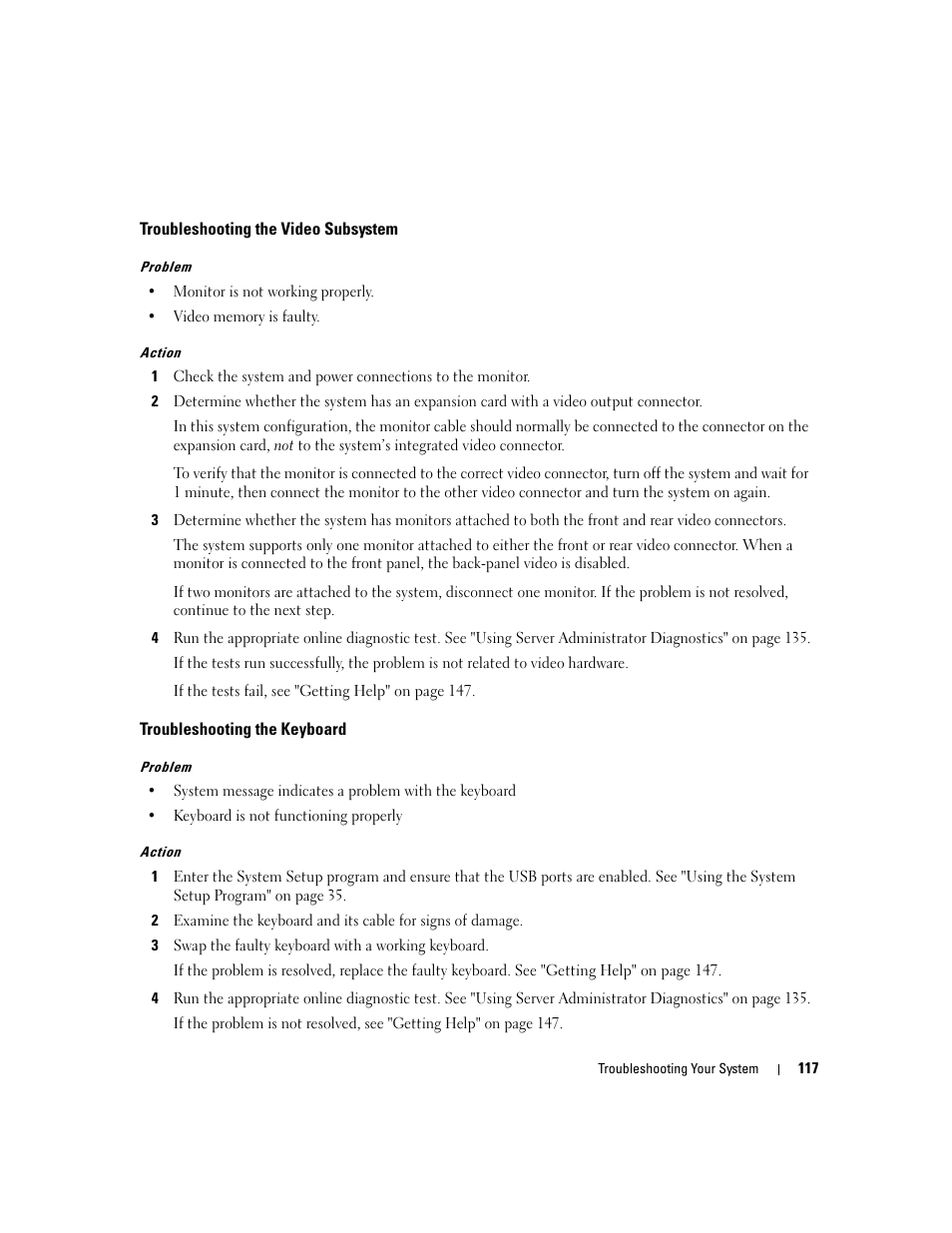 Troubleshooting the video subsystem, Troubleshooting the keyboard | Dell PowerEdge 2900 User Manual | Page 117 / 182