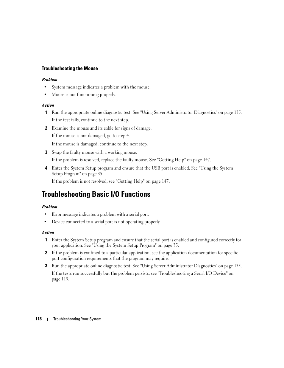 Troubleshooting the mouse, Troubleshooting basic i/o functions | Dell PowerEdge 2900 User Manual | Page 118 / 182