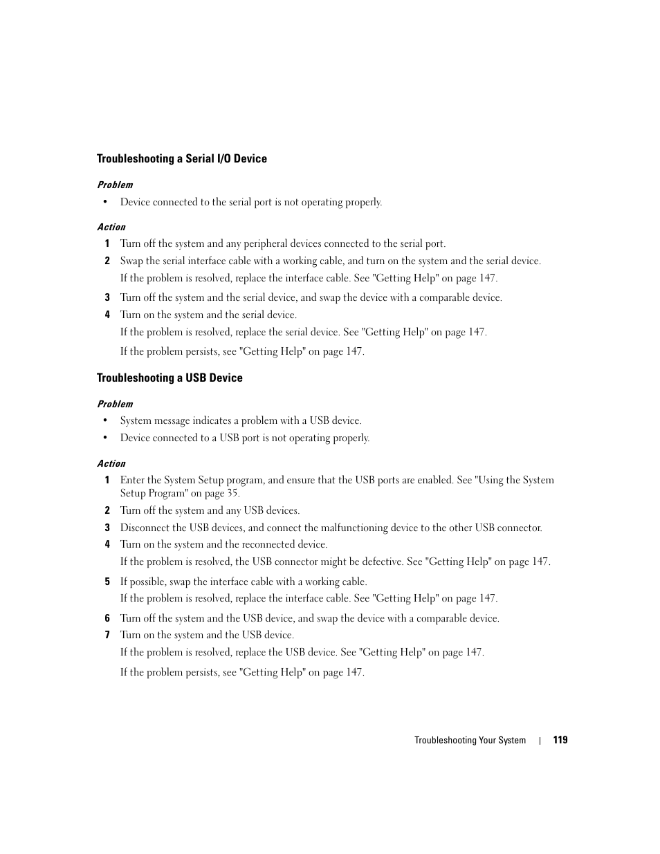 Troubleshooting a serial i/o device, Troubleshooting a usb device | Dell PowerEdge 2900 User Manual | Page 119 / 182