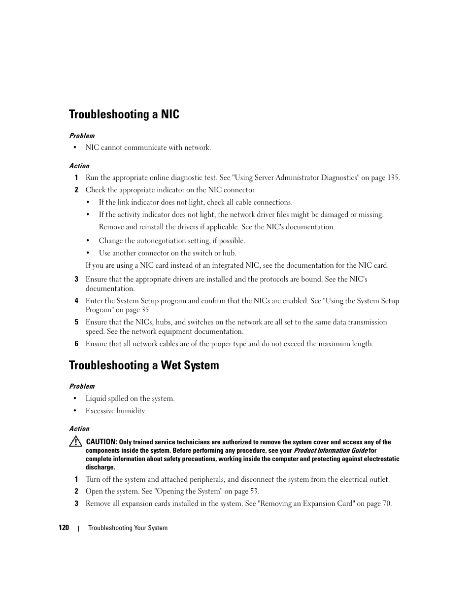 Troubleshooting a nic, Troubleshooting a wet system | Dell PowerEdge 2900 User Manual | Page 120 / 182