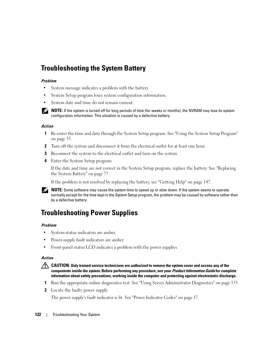 Troubleshooting the system battery, Troubleshooting power supplies | Dell PowerEdge 2900 User Manual | Page 122 / 182