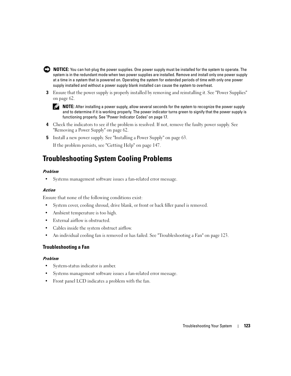 Troubleshooting system cooling problems, Troubleshooting a fan | Dell PowerEdge 2900 User Manual | Page 123 / 182
