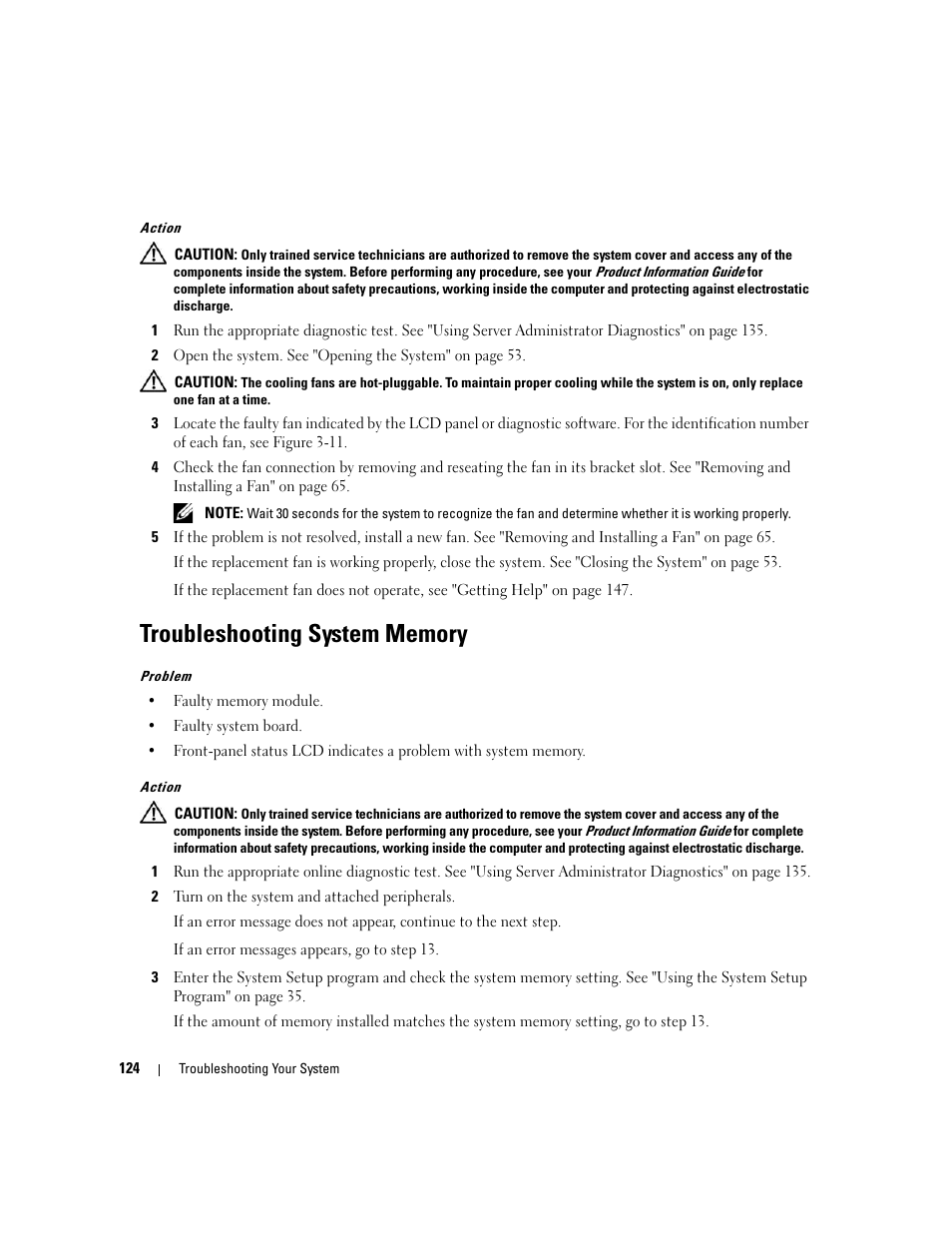 Troubleshooting system memory, See "troubleshooting system | Dell PowerEdge 2900 User Manual | Page 124 / 182