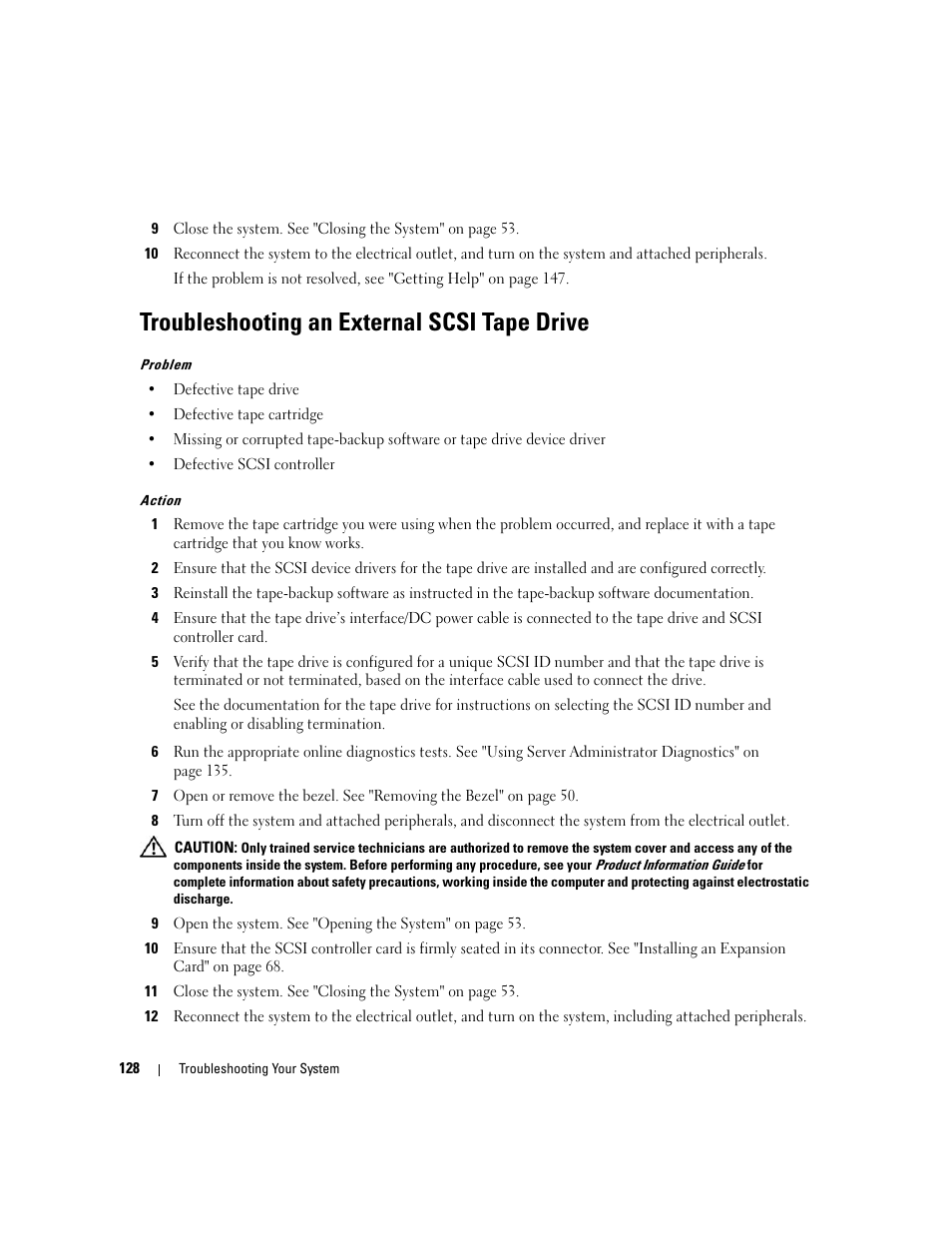 Troubleshooting an external scsi tape drive | Dell PowerEdge 2900 User Manual | Page 128 / 182