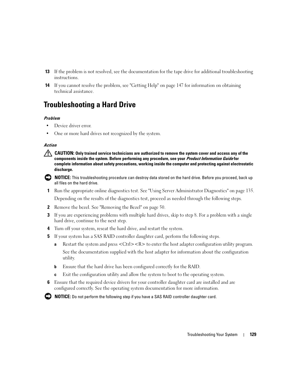 Troubleshooting a hard drive | Dell PowerEdge 2900 User Manual | Page 129 / 182