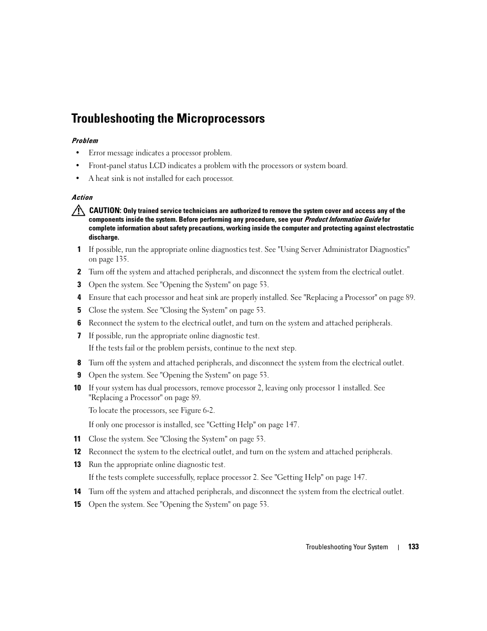 Troubleshooting the microprocessors | Dell PowerEdge 2900 User Manual | Page 133 / 182