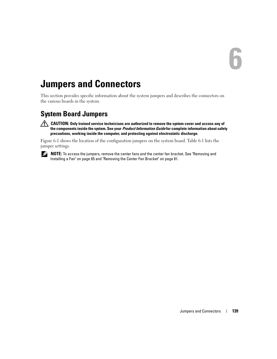 Jumpers and connectors, System board jumpers | Dell PowerEdge 2900 User Manual | Page 139 / 182