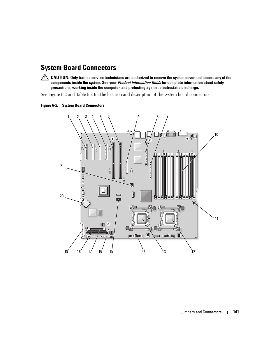 System board connectors, Figure 6-2, See figure 6-2 for the location of | D beneath the cooling shroud. see figure 6-2, D. see figure 6-2, D (see figure 6-2), See figure 6-2.), Esent. see figure 6-2, If applicable. see figure 6-2, Locate the processors, see figure 6-2 | Dell PowerEdge 2900 User Manual | Page 141 / 182