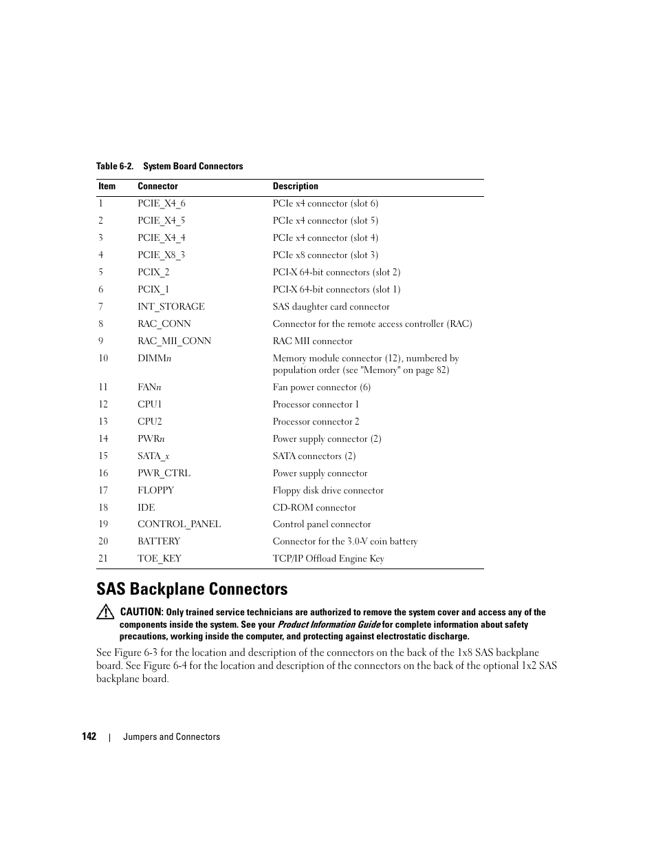 Sas backplane connectors | Dell PowerEdge 2900 User Manual | Page 142 / 182