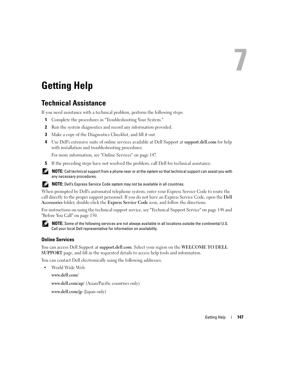 Getting help, Technical assistance, Online services | The code, then see | Dell PowerEdge 2900 User Manual | Page 147 / 182