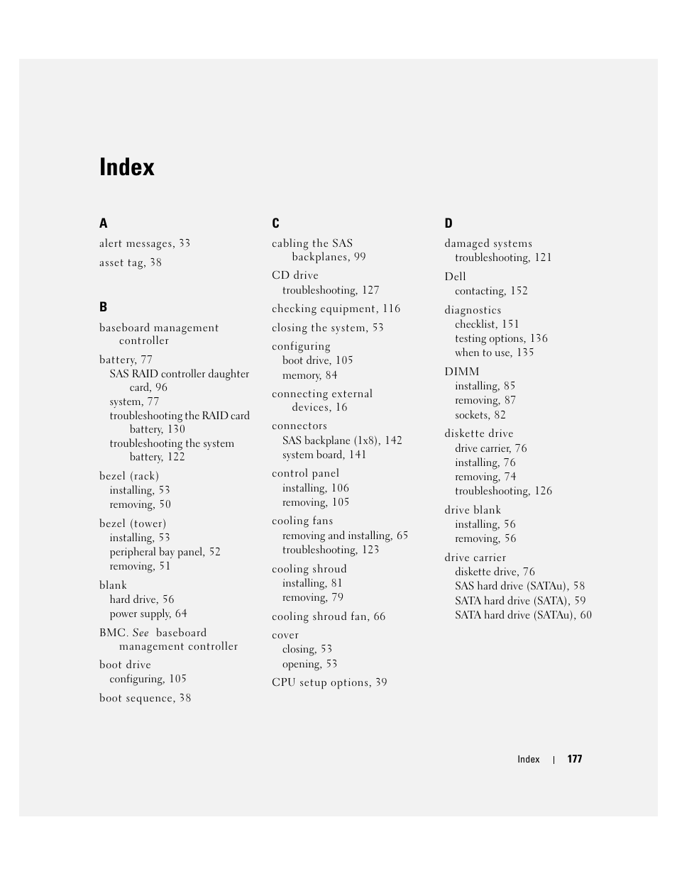 Index | Dell PowerEdge 2900 User Manual | Page 177 / 182