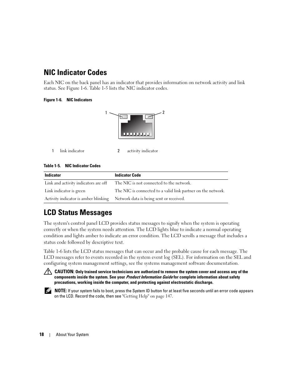 Nic indicator codes, Lcd status messages | Dell PowerEdge 2900 User Manual | Page 18 / 182